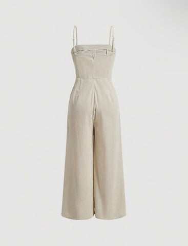 Button Front Wide Leg Overall Jumpsuit Without Shirt