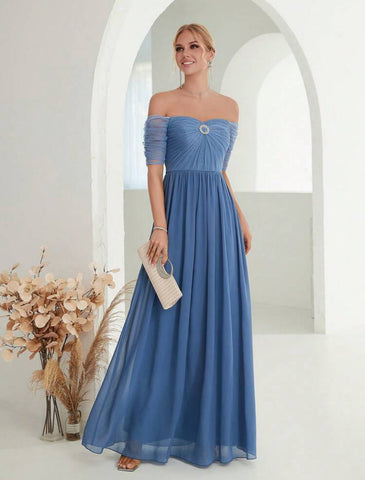 Off Shoulder Rhinestone Detail Chiffon Bridesmaid Dress