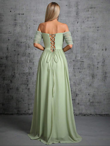Off Shoulder Rhinestone Detail Chiffon Bridesmaid Dress