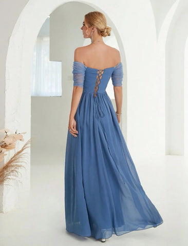 Off Shoulder Rhinestone Detail Chiffon Bridesmaid Dress