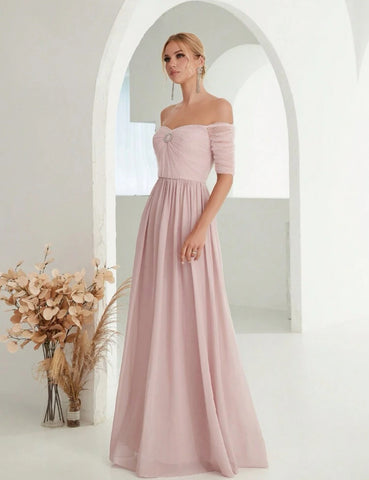 Off Shoulder Rhinestone Detail Chiffon Bridesmaid Dress