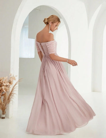Off Shoulder Rhinestone Detail Chiffon Bridesmaid Dress