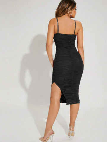 Ruched Bustier Ruched Split Thigh Mesh Dress