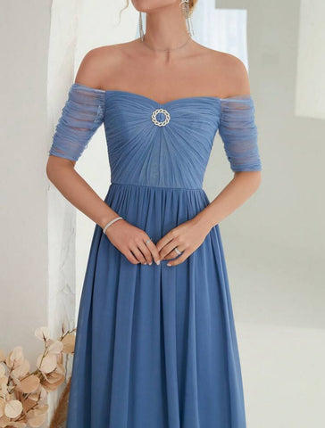 Off Shoulder Rhinestone Detail Chiffon Bridesmaid Dress