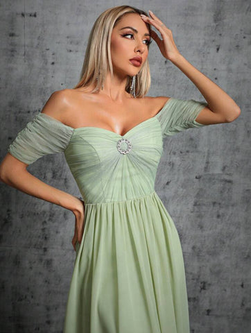 Off Shoulder Rhinestone Detail Chiffon Bridesmaid Dress