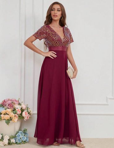 LUNE Contrast Sequin Mesh Panel Chiffon Party Dress