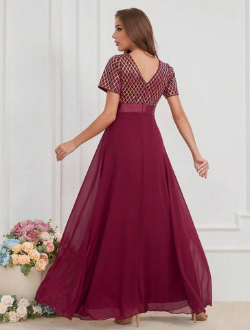 LUNE Contrast Sequin Mesh Panel Chiffon Party Dress
