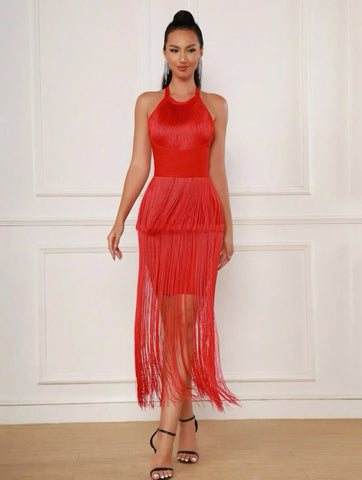 Fringe Trim Halter Neck Backless Dress