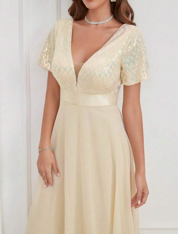 LUNE Contrast Sequin Mesh Panel Chiffon Party Dress