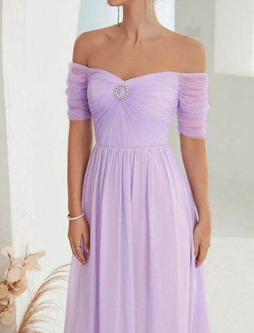 Off Shoulder Rhinestone Detail Chiffon Bridesmaid Dress