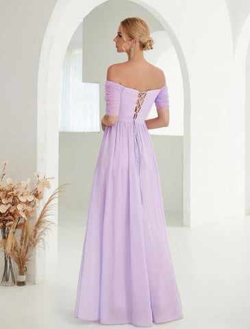Off Shoulder Rhinestone Detail Chiffon Bridesmaid Dress