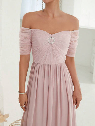 Off Shoulder Rhinestone Detail Chiffon Bridesmaid Dress