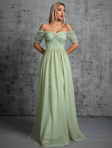 Off Shoulder Rhinestone Detail Chiffon Bridesmaid Dress