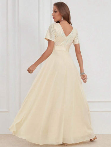 LUNE Contrast Sequin Mesh Panel Chiffon Party Dress