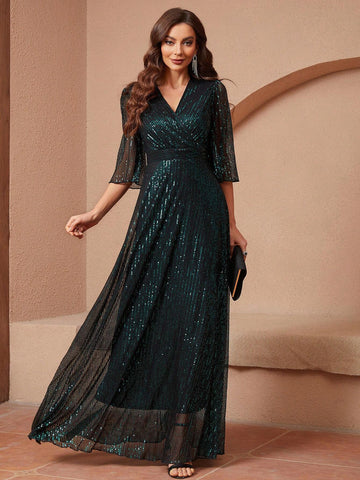 Full Body Sequin Lace V-Neck Empire Waist Long Party Dress