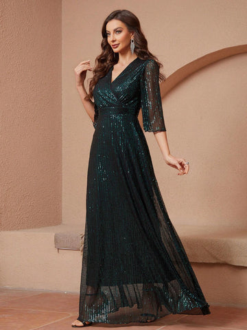 Full Body Sequin Lace V-Neck Empire Waist Long Party Dress