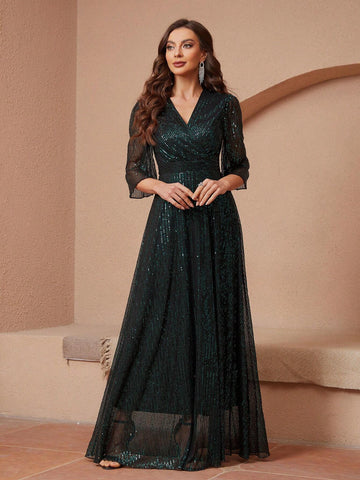 Full Body Sequin Lace V-Neck Empire Waist Long Party Dress