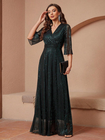 Full Body Sequin Lace V-Neck Empire Waist Long Party Dress