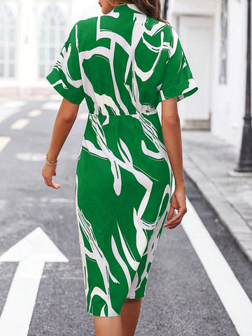 Full Print V-Neck Slim Fit Casual Dress