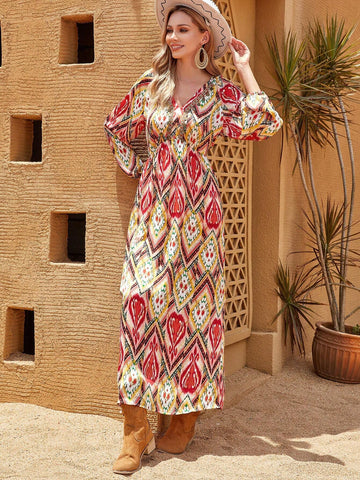 Full Print V-Neck Slim Fit Long Sleeve Dress