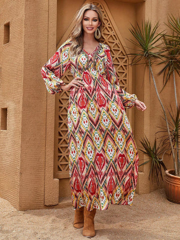 Full Print V-Neck Slim Fit Long Sleeve Dress