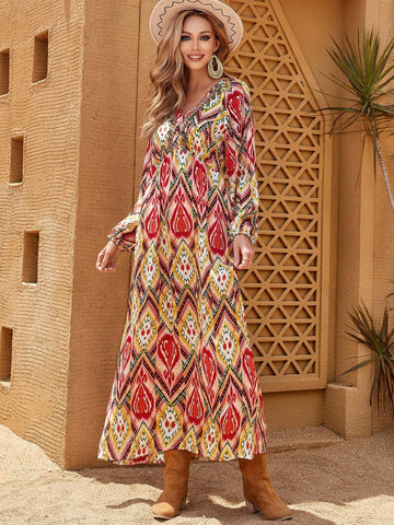 Full Print V-Neck Slim Fit Long Sleeve Dress