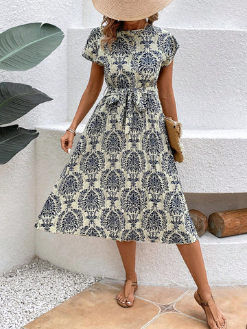Full Printed Batwing Sleeve Waist Cinched Dress