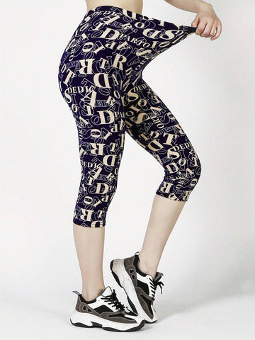 Full Printed Elastic Waistband Capri Leggings With Letter Pattern