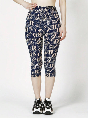 Full Printed Elastic Waistband Capri Leggings With Letter Pattern