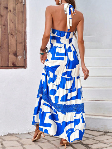 Full Printed Lace Splice Halter Neck A-Line Dress