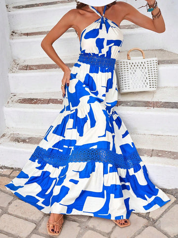 Full Printed Lace Splice Halter Neck A-Line Dress