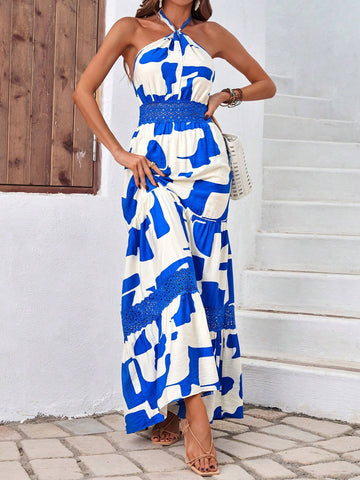 Full Printed Lace Splice Halter Neck A-Line Dress