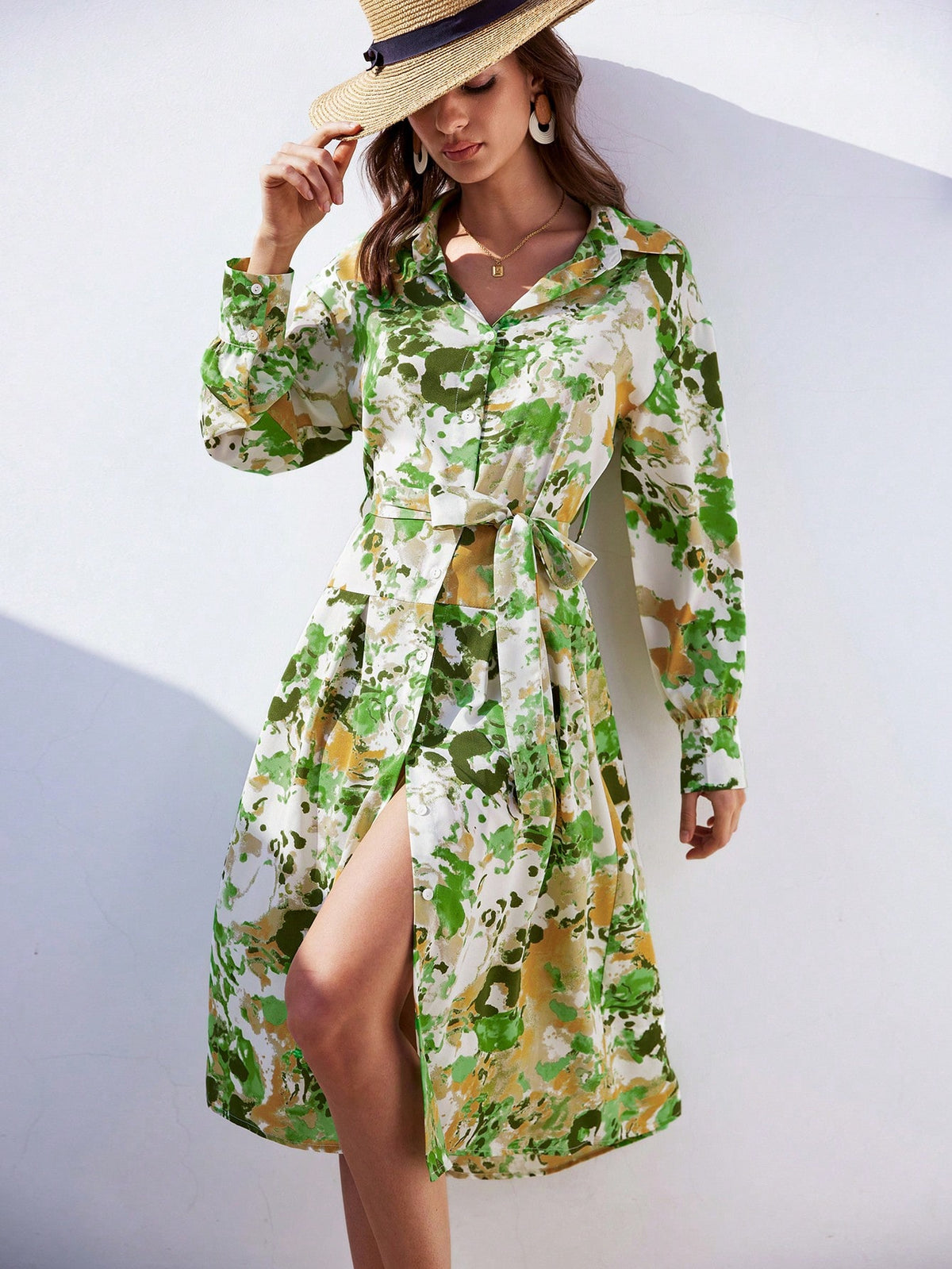 Full Printed Long Sleeve Shirt Dress