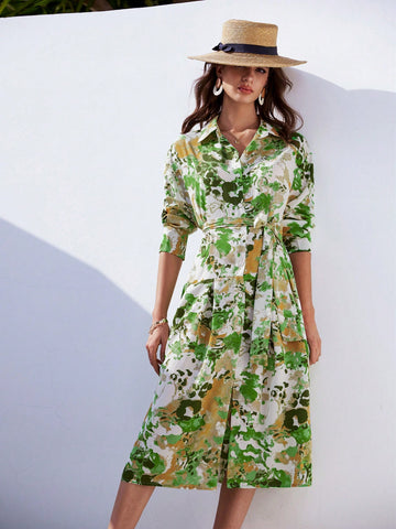 Full Printed Long Sleeve Shirt Dress