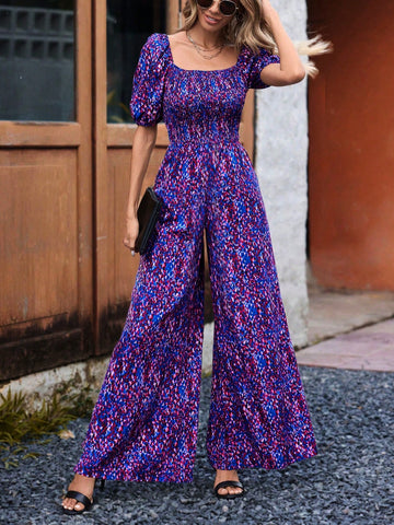 Full Printed Puff Sleeve Wide Leg Jumpsuit