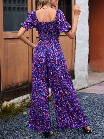 Full Printed Puff Sleeve Wide Leg Jumpsuit