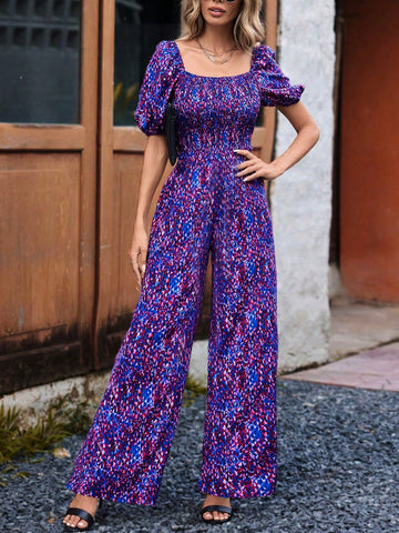 Full Printed Puff Sleeve Wide Leg Jumpsuit
