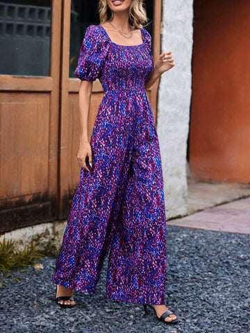 Full Printed Puff Sleeve Wide Leg Jumpsuit