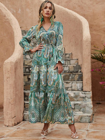 Full Printed V-Neck Lotus Leaf Hem Maxi Dress