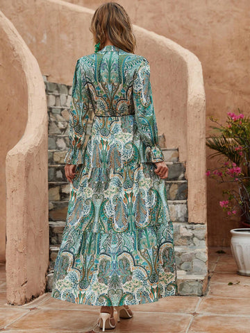Full Printed V-Neck Lotus Leaf Hem Maxi Dress