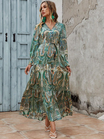 Full Printed V-Neck Lotus Leaf Hem Maxi Dress