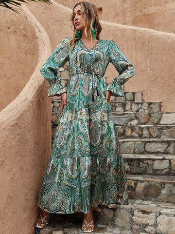 Full Printed V-Neck Lotus Leaf Hem Maxi Dress