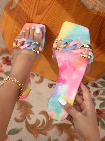 Chain Decor Clear Strap Slide Sandals