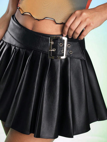 GABRIELLE NTI Pleated Pu Leather Mini Skirt With Belt Detail