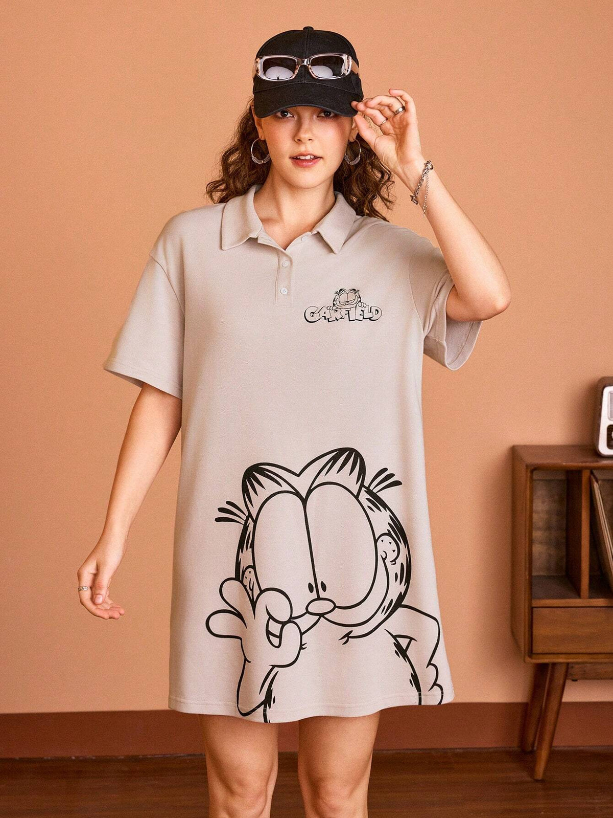 Cartoon & Letter Print Casual Short Sleeve Polo Neck Dress For Summer