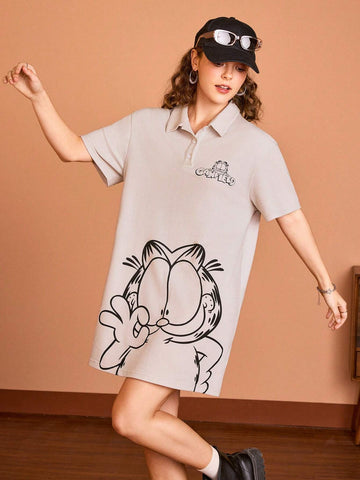 Cartoon & Letter Print Casual Short Sleeve Polo Neck Dress For Summer
