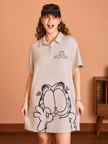 Cartoon & Letter Print Casual Short Sleeve Polo Neck Dress For Summer