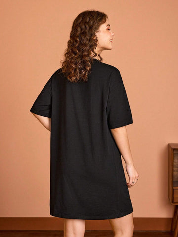 Women Casual Cartoon And Letter Print Oversized T-Shirt Dress With Drop Shoulder