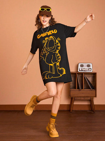 Women Casual Cartoon And Letter Print Oversized T-Shirt Dress With Drop Shoulder