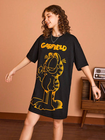 Women Casual Cartoon And Letter Print Oversized T-Shirt Dress With Drop Shoulder